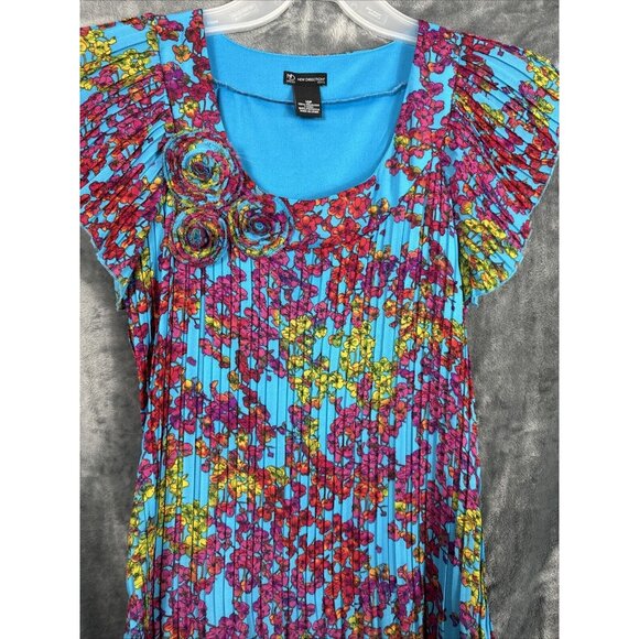 New Directions Dress Womens A Line Turquoise Blue Floral Pleated Short Sleeve - Picture 2 of 14